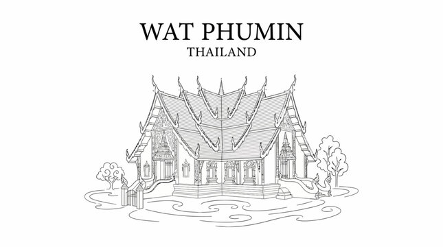 A black and white line art drawing of the cruciform Wat Phumin temple in Nan Thailand featuring intricate roofs