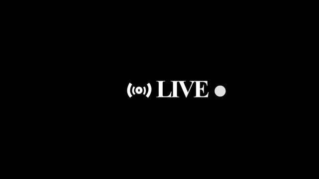 Live on air motion graphics animation white button live streaming broadcast icon  on a Black background. 4k