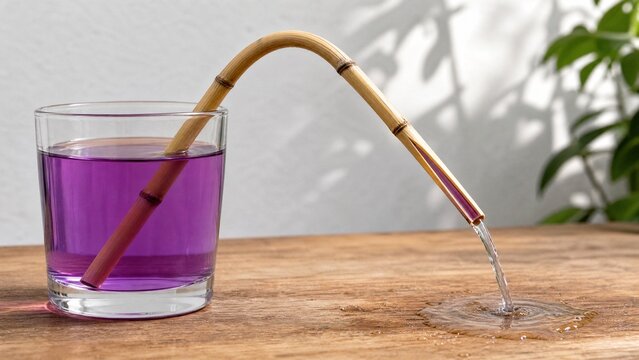 siphon. Hollow reed demonstrating siphon principle with water flowing through. STEM education sheets, lab safety posters, designed for STEM education and laboratory safety posters.