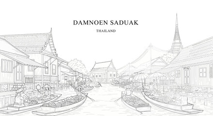 Fototapeta premium A lineart illustration of a busy canal market in Damnoen Saduak Thailand featuring vendors on wooden boats