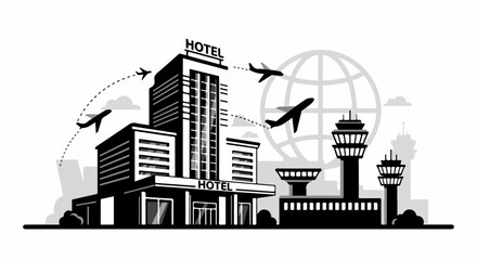 Naklejka premium Black And White Airport Hotel Illustration.