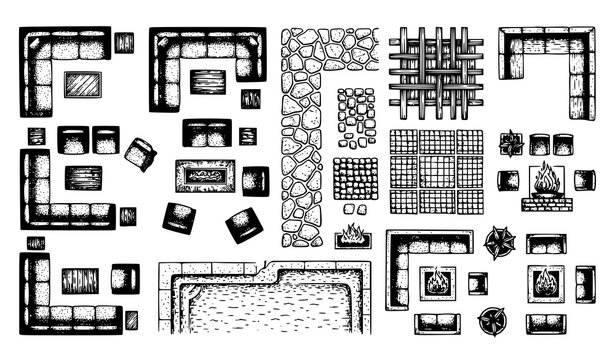 Landscape architect patio design elements sketch vector hand drawn black and white top view ink drawing