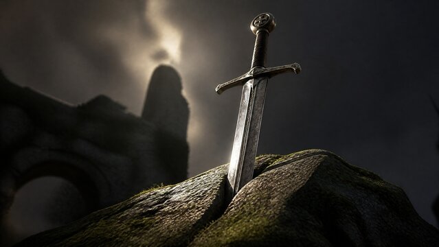 longsword. A medieval longsword thrust into a crack in mossy stone. event programs, museum guides, designed for cultural heritage projects and event programs, supports education.