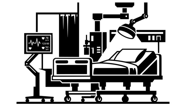 Abstract medical hospital ward vector graphic bold black and white healthcare room silhouette illustration