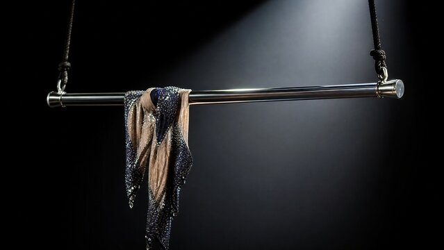 aerialist. Polished silver aerialist bar with sequined costume draped over it, spotlight. product launch decks, UI/UX mockups, designed for data visualization dashboards and holographic UIs.