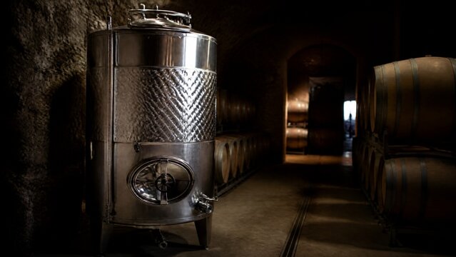 fermenter. Large stainless steel fermenter in a dimly lit wine cellar. bar promotions, beverage menus, designed for food & beverage menus and cafe branding, elevates brand perception.