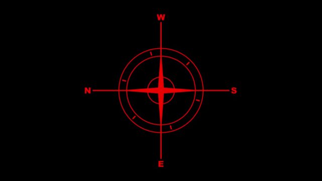 Red minimalist compass icon animation with spinning needle showing north south east west directions isolated on black background.compassionate icon vector design template simple and clean.