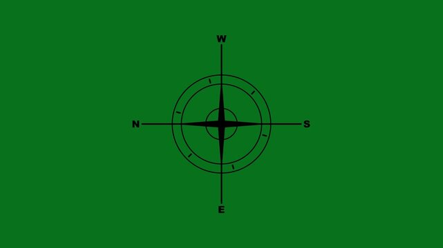 Black minimalist compass icon animation with spinning needle showing north south east west directions isolated on green background.compassionate icon vector design template simple and clean.