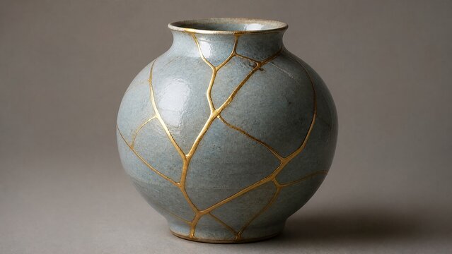 bennington. Shattered ceramic vase repaired with golden lacquer, kintsugi art on simple background. event programs, museum guides, designed for cultural heritage projects and event programs.