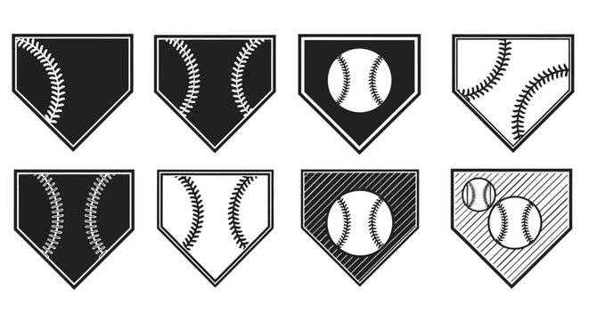 Baseball pocket icons, sports emblems, black and white graphics, baseball stitching details