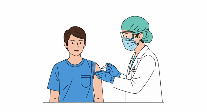 A healthcare worker in a white coat and blue gloves administering a vaccine to a smiling man in a blue t-shirt