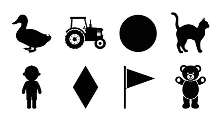 Black icons set, animal shapes, farm tractor, silhouette symbols © Dylan