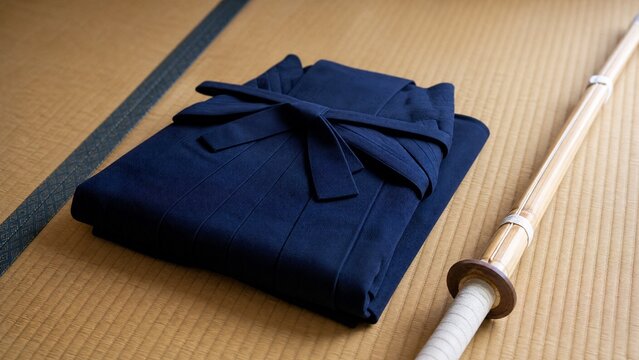 hakama. A neatly folded deep blue hakama and bamboo sword on tatami mat flooring. event programs, museum guides, designed for cultural heritage projects and event programs, supports education.