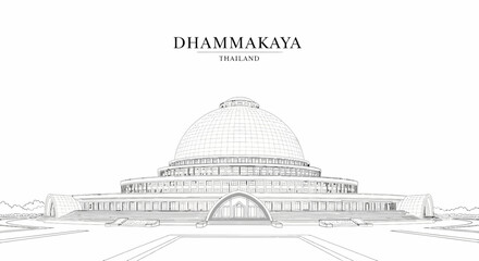 Line drawing of the Dhammakaya Cetiya in Thailand a massive tiered dome structure with a prominent arched entrance © Julian Vance