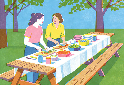 Two women preparing food colorful retro outdoor picnic