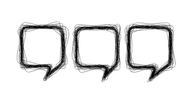 Hand drawn speech bubbles, empty quote boxes, black vector icons, conversation symbols