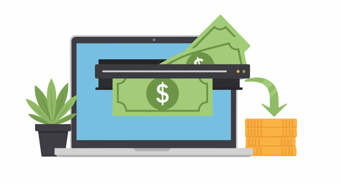A laptop with a green dollar bill on its screen and a stack of gold coins and money beside it
