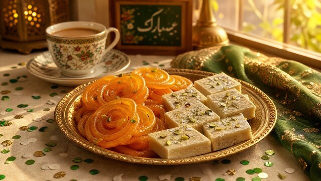 jalebi. Golden jalebi and white barfi on festive plate, edible confetti, chai cup, Pakistani sweets celebration concept for Independence Day. event programs.