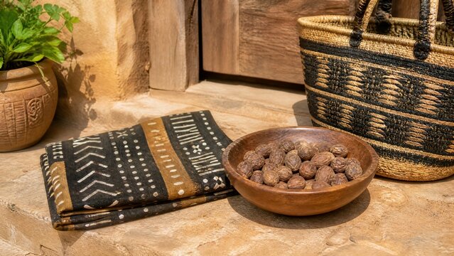 shea. Mud cloth fabric with shea nuts and woven basket, West African craft and natural decor. event programs, museum guides, designed for cultural heritage projects and event programs.
