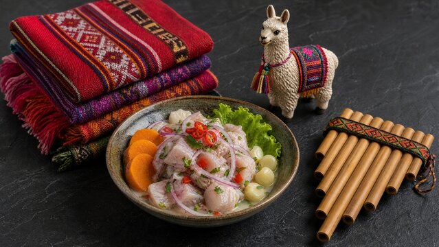 ceviche. Peruvian Independence Day bundle: ceviche, wool textiles, llama figurine, and pan flute on slate surface. event programs.