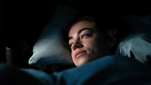 Young woman lying in bed awake at night with thoughtful expression and soft lighting on face, sleeplessness and insomnia concept in dark room