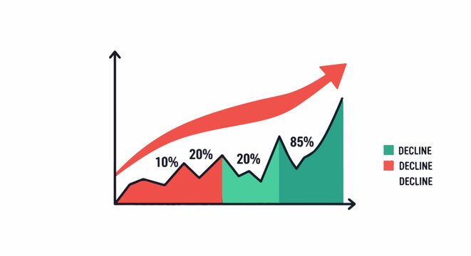 A line graph with a red curved line and two colored sections