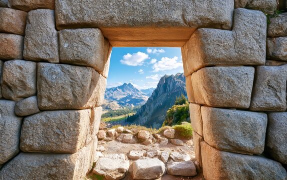 Ancient Inca Stone Doorway Framed by Majestic Mountain Landscape
