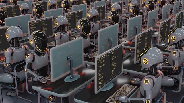 Seamless 3d loop video of futuristic humanoid robots working at computers. Concept of mass production, factory automation, robotics industry and advanced technology workforce in a sci-fi warehouse.