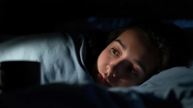 Young woman lying in bed awake at night under blanket looking with tired and thoughtful expression in dark bedroom setting