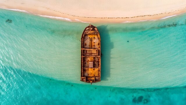 Aerial drone view of abandoned rusty shipwreck on shallow turquoise water near white sandy beach island paradise.