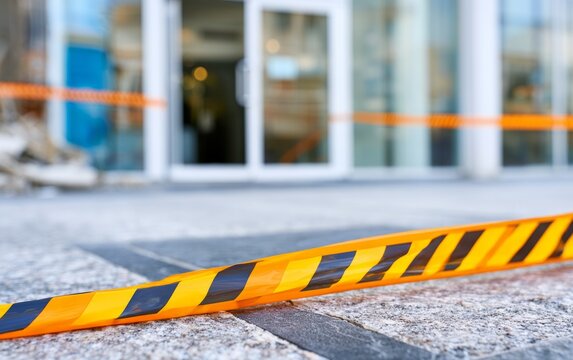 Hazard Tape Cordoning Off Entrance of Unstable Building for Safety Precautions