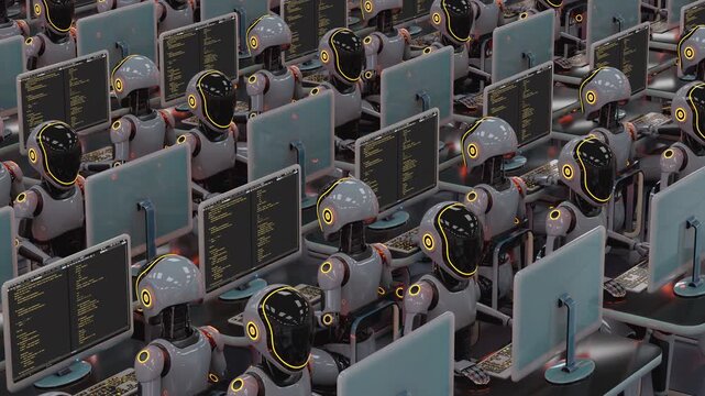 Seamless 3d loop video of futuristic humanoid robots working at computers. Concept of mass production, factory automation, robotics industry and advanced technology workforce in a sci-fi warehouse.