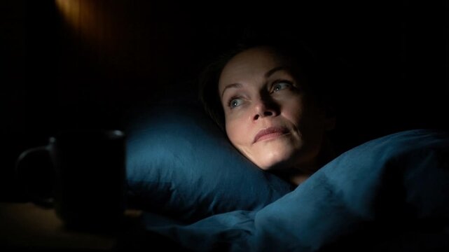Thoughtful middle age woman lying in bed under blanket at night looking away with worried expression in dark room