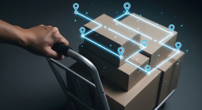 Smart logistics and digital package tracking concept featuring a delivery cart with cardboard boxes and route optimization graphics