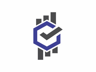 An isolated abstract corporate logo design featuring grey vertical bar charts combined with a blue hexagon shape and a prominent checkmark symbol representing verified financial success. © tagline
