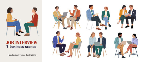 Fototapeta premium Illustration shows seven distinct job interview scenarios. People sit, converse, or use laptops in professional settings. Expressions range from thoughtful to engaged, reflecting real-world dynamics
