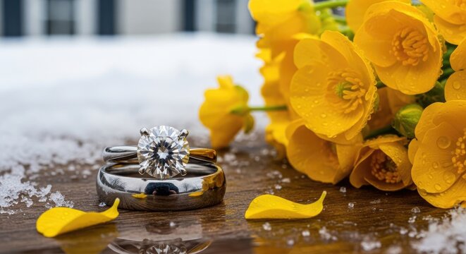 wedding rings and yellow flowers on snowy table