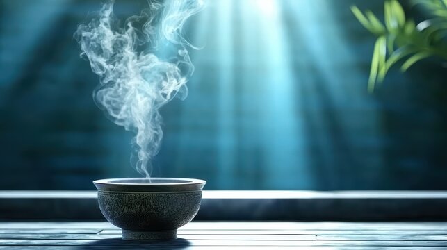Atmosphere Calm and peaceful atmosphere in a temple, with incense smoke floating in the air.