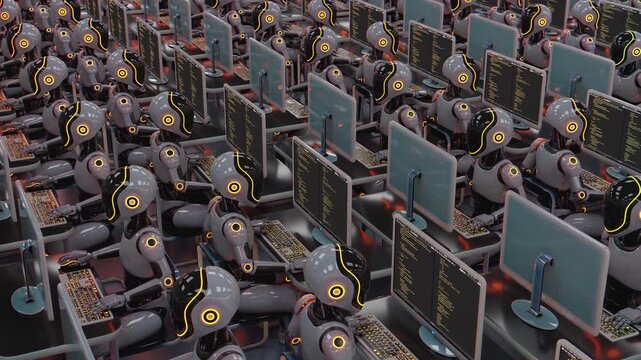 Seamless 3d loop video of futuristic humanoid robots working at computers. Concept of mass production, factory automation, robotics industry and advanced technology workforce in a sci-fi warehouse.