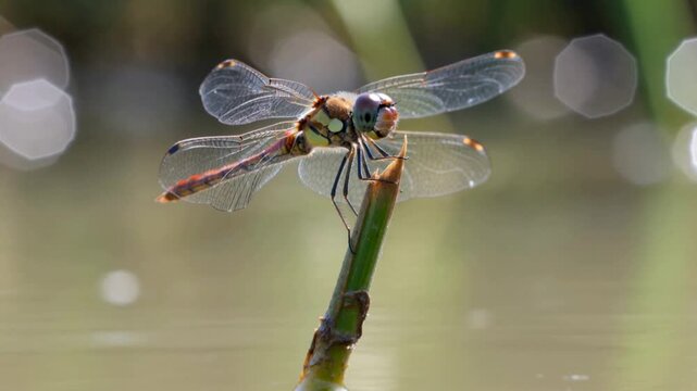 Dragonfly perched on reed in water insect macro movement
