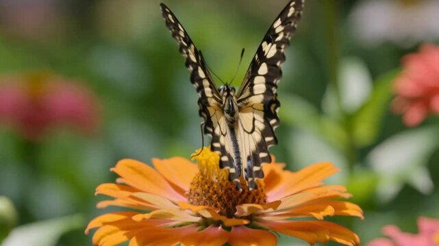 Butterfly fluttering wings on orange flower insect macro movement