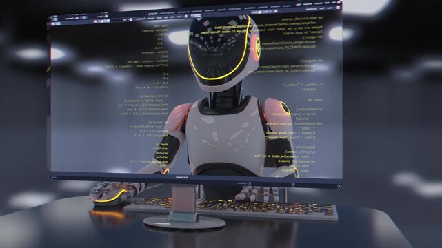 Futuristic robot working on computer and writing code. Seamless 3d animation loop of an artificial intelligence programmer in a high-tech cyberspace with digital screens and network background.