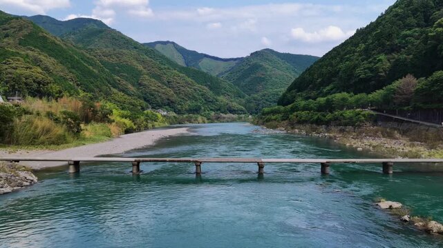 Truck Crossing a Chinkabashi on the Shimanto River