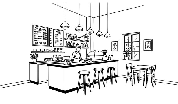 Modern cafe interior vector illustration minimalist black and white coffee shop architecture line art sketch
