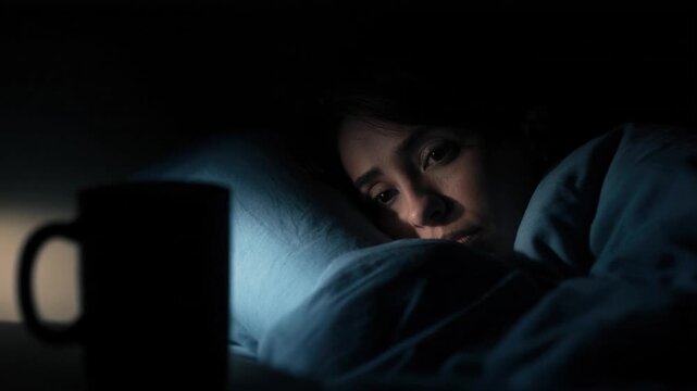 Woman lying in bed awake at night under blanket with dark surroundings and soft light on face showing insomnia or deep thought
