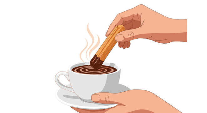 Human hands dipping a golden brown churro into a cup of hot chocolate with rising steam against a clean white background for breakfast.