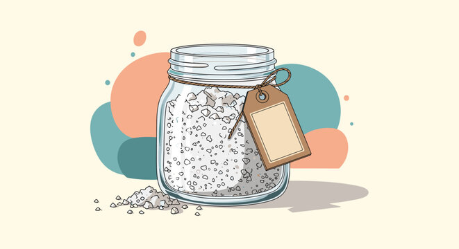 Glass jar filled with white sea salt crystals featuring a blank brown paper tag tied with a string on an abstract background.