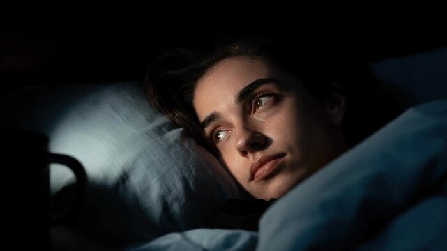 Young woman peacefully sleeping in bed with head resting on pillow and covered with blanket in dark cozy room at night