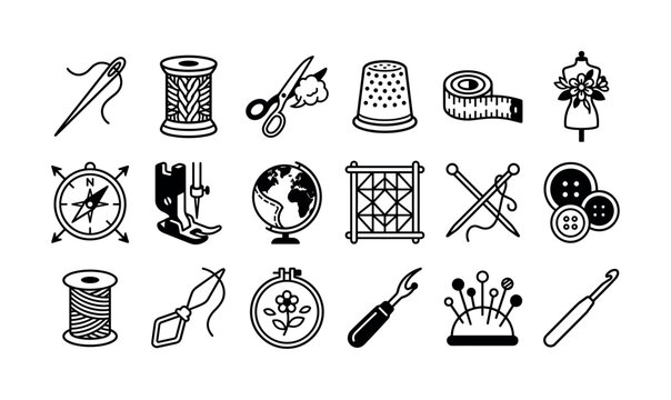Sewing and knitting collection featuring needles, thread, scissors, buttons, pincushions and embroidery tools
