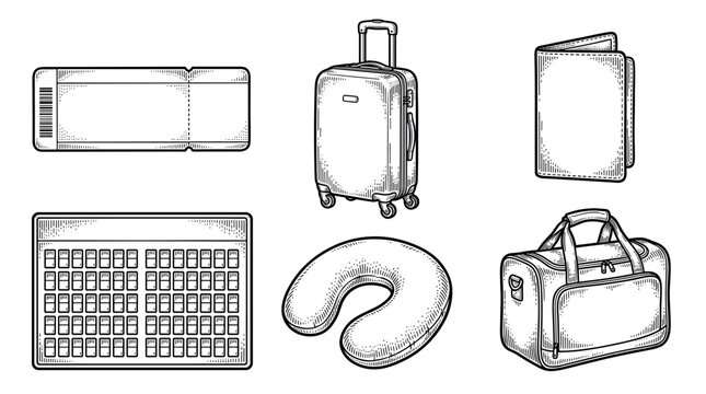 Travel luggage collection featuring suitcases, passports, pillows, tickets, bags and flight essentials